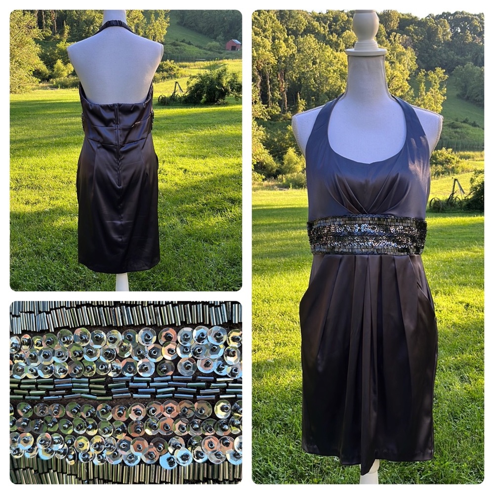 Dressbarn Collection Beaded & Pleated Satin Halter Dress with Pockets